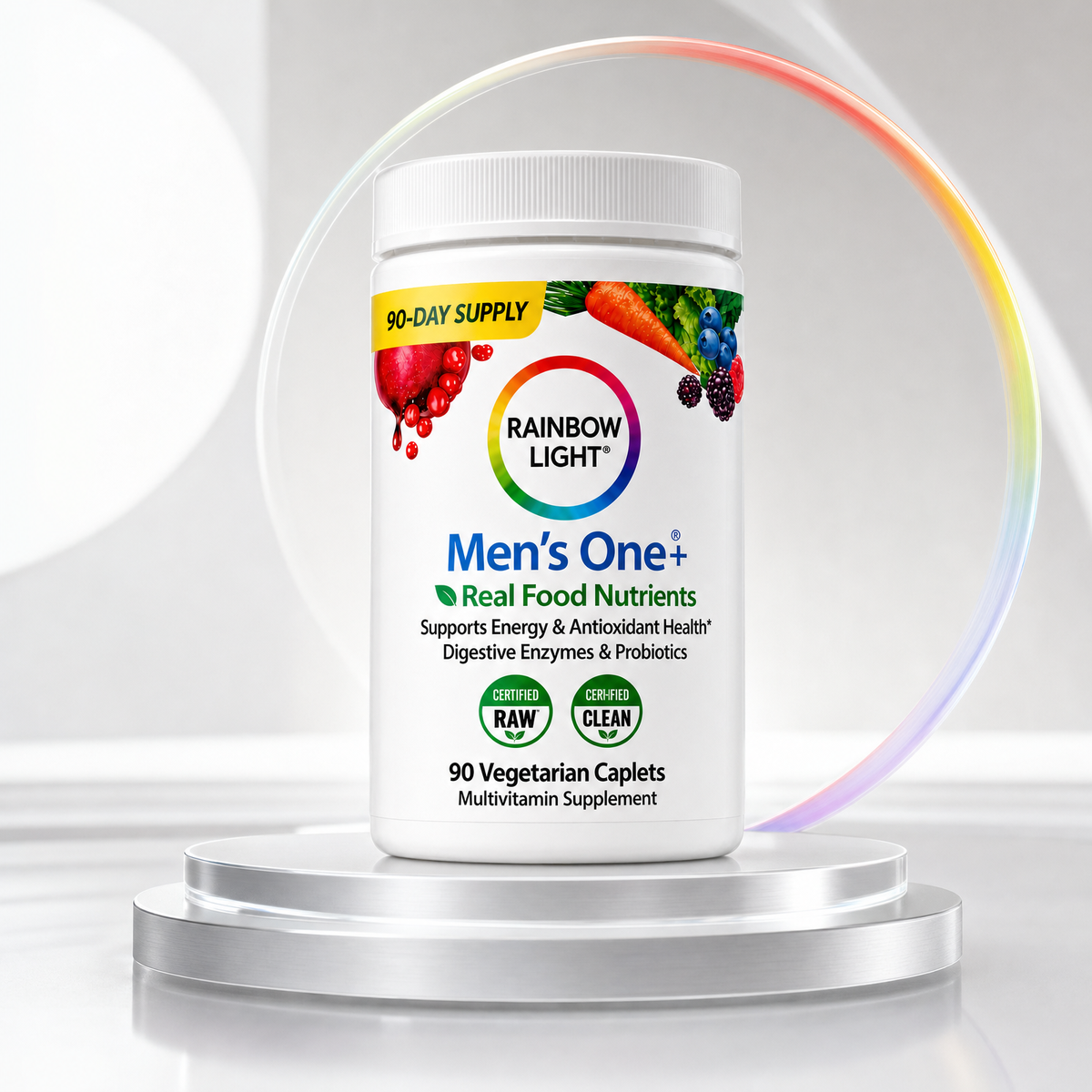 Rainbow Light Men's One+ en pedestal de estudio con arco de luz