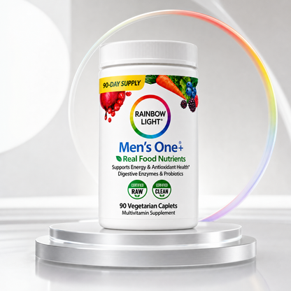 Rainbow Light Men's One+ en pedestal de estudio con arco de luz